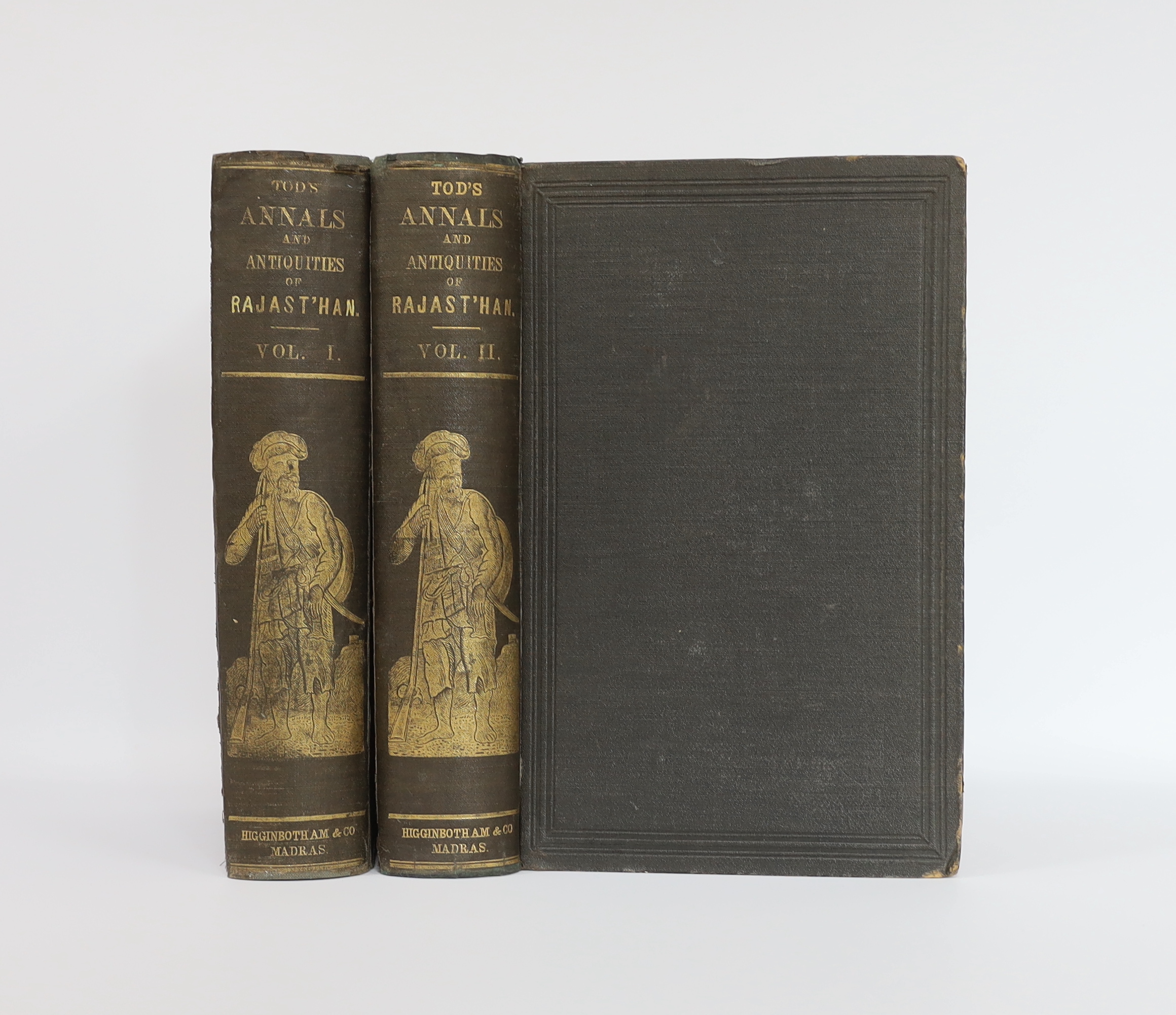 Tod, Lt. Col. James - Annals and Antiquities of Rajast'han, or the Central and Western Rajpoot States of India. 2nd edition, 2 vols. folded and coloured map, a folded facsimile and 4 folded tables; publisher's gilt picto